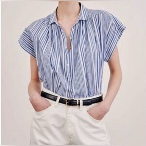 Nili Lotan Normandy blue white stripe blouse short sleeve cotton sz medium m